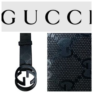 AUTHENTIC Gucci Black Imprime Monogram Leather Interlocking Belt 114984 AA61N